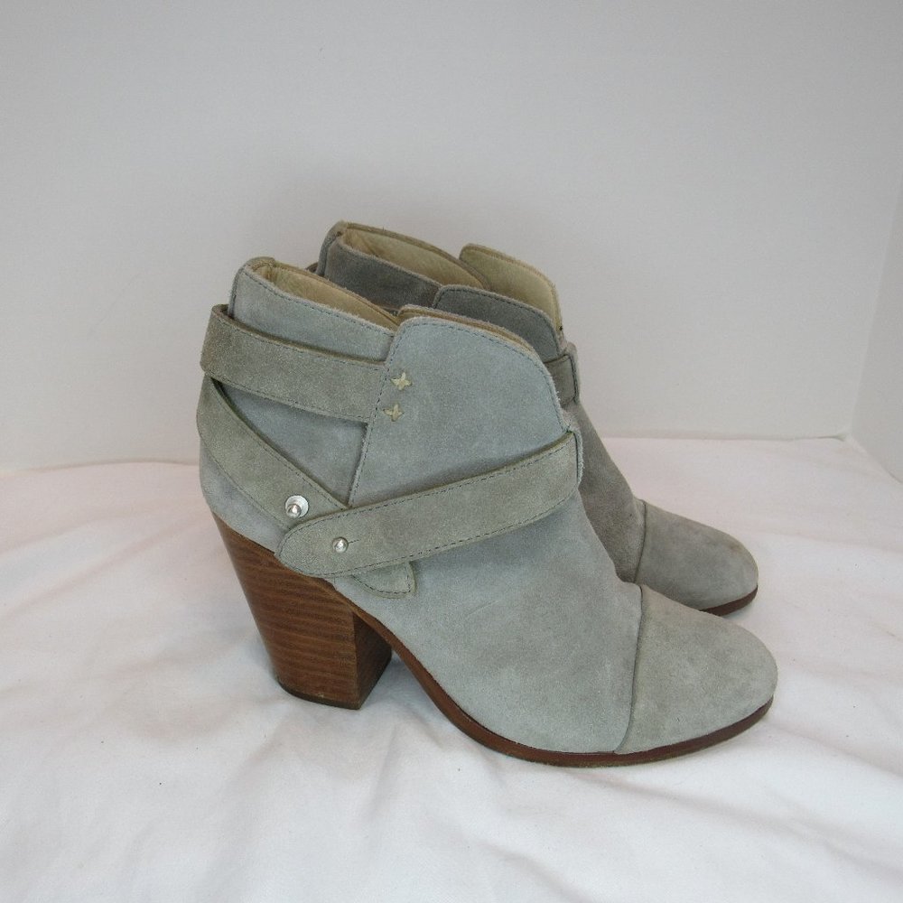Rag & Bone Harrow Gray Suede Heeled Ankle Booties Boots Strap Logo